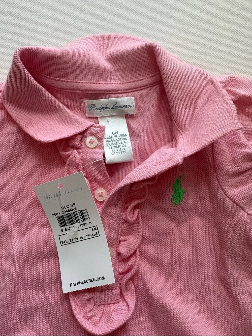 NWT Ralph Lauren Girl's Pink Polo Romper with Ruffle Details Size 6 Months